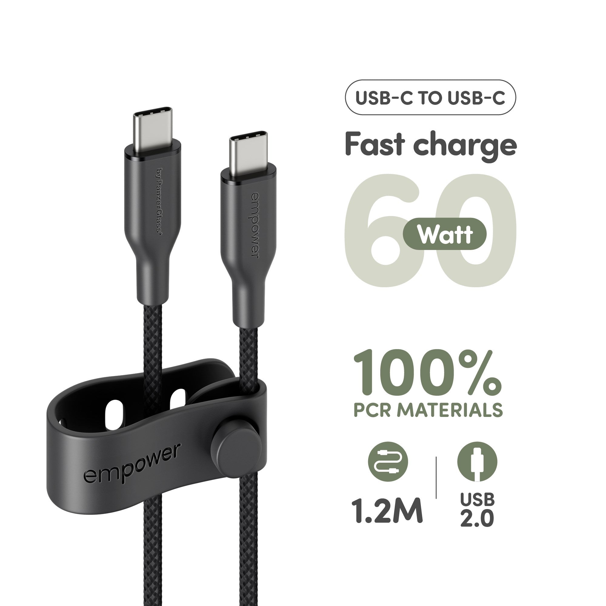 empower™ by PanzerGlass® Racing 60W USB-C to USB-C Kabel | USB 2.0 | 1.2M | Space Black